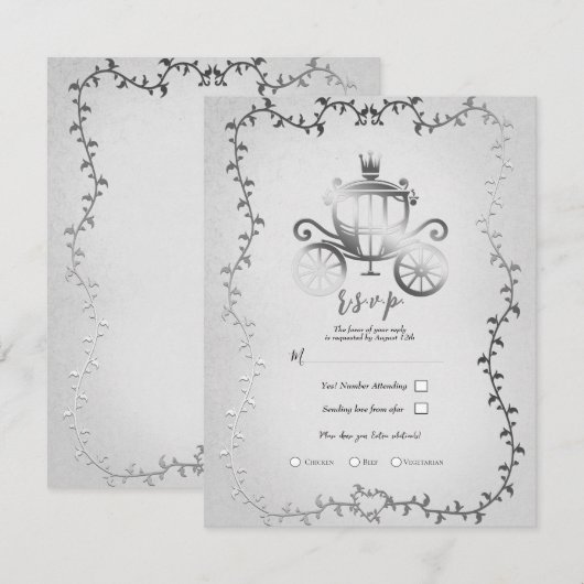 Elegant zilveren koets verhalenboek bruiloft RSVP Kaart (Voorkant / Achterkant)