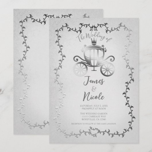 Elegant zilveren koets wit verhalenboek bruiloft kaart (Voorkant / Achterkant)