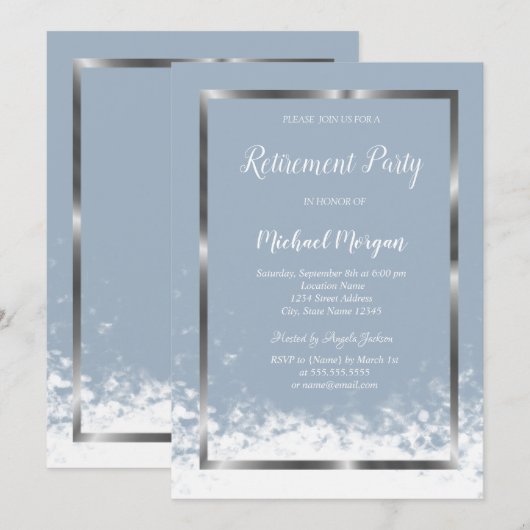 Elegant zilveren Lijst Dusty Blue Pensioen Kaart (Voorkant / Achterkant)