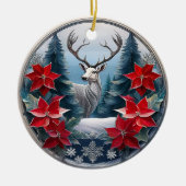 Elegant zilveren Lijst rendier, Poinsettias Deer � Keramisch Ornament (Voorkant)