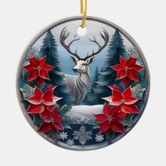 Elegant zilveren Lijst rendier, Poinsettias Deer � Keramisch Ornament (Voorkant)