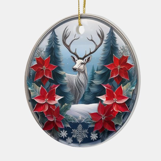 Elegant zilveren Lijst rendier, Poinsettias Deer � Keramisch Ornament (Links)