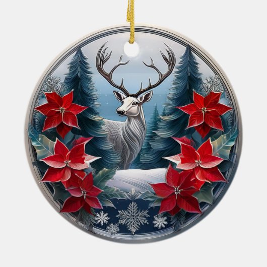 Elegant zilveren Lijst rendier, Poinsettias Deer � Keramisch Ornament (Achterkant)