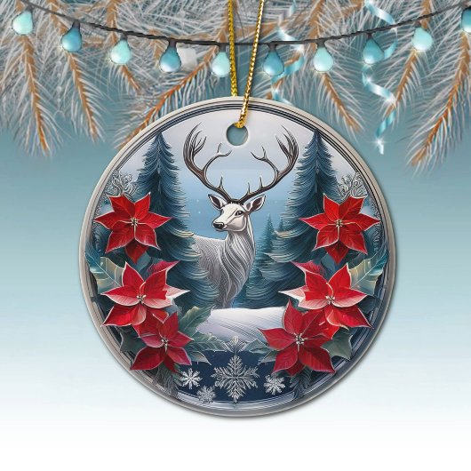 Elegant zilveren Lijst rendier, Poinsettias Deer � Keramisch Ornament