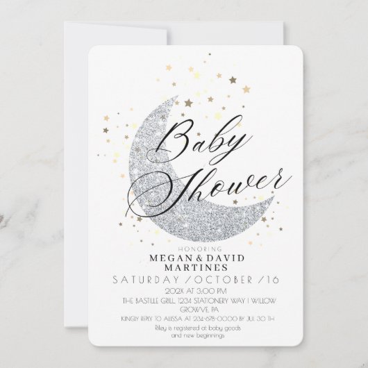 Elegant zilveren maan gouden sterren Baby shower Kaart (Voorkant)