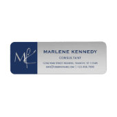 Elegant zilveren monogram marine blauw retour adre etiket (Voorkant)