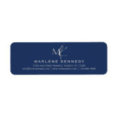 Elegant zilveren monogram marine blauw retouradres etiket (Voorkant)