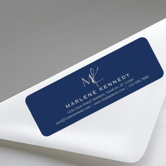 Elegant zilveren monogram marine blauw retouradres etiket