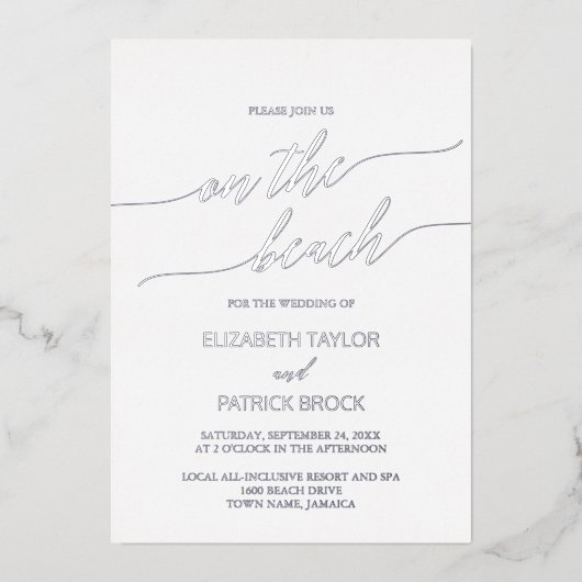 Elegant zilveren olie op het strand bruiloft folie uitnodiging (Voorkant)