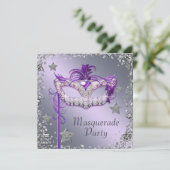 Elegant zilveren Paarse Masquerade Party Kaart (Staand voorkant)