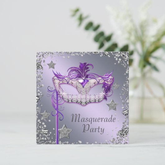Elegant zilveren Paarse Masquerade Party Kaart (Staand voorkant)