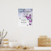 Elegant zilveren Paarse vlinder welkom bruiloft Poster (Keuken)