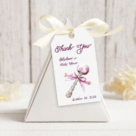 Elegant Zilveren Roze Rattle Bow Baby shower Cadeaulabel