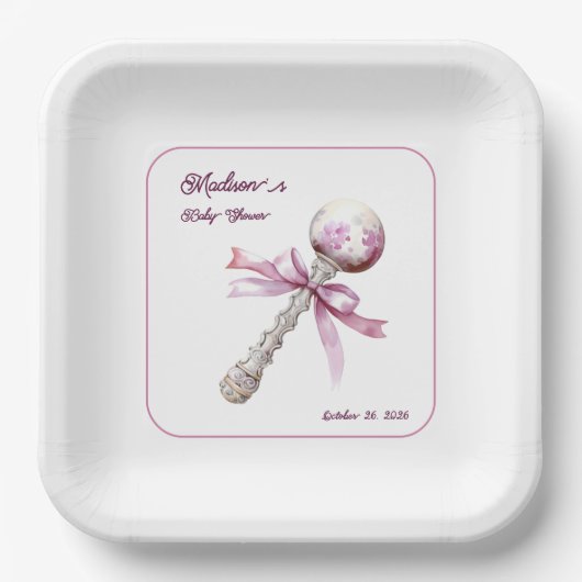 Elegant Zilveren Roze Rattle Bow Baby shower Papieren Bordje (Voorkant)