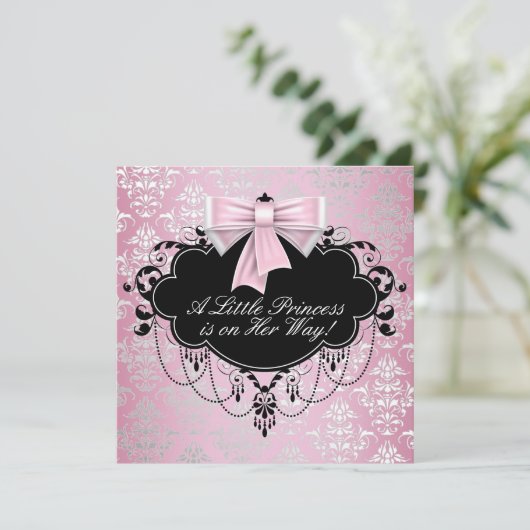 Elegant Zilveren Roze Zwart Prinses Baby shower Kaart (Staand voorkant)