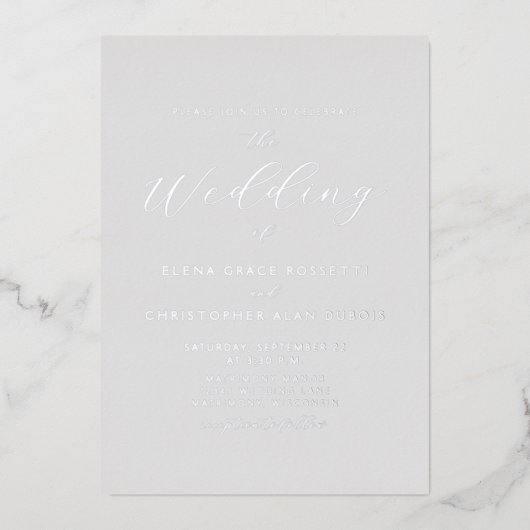 Elegant Zilveren Script Grijze bruiloft Folie Uitnodiging (Voorkant)