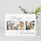 Elegant zilveren script vrolijke kerst foto feestdagenkaart (Staand voorkant)
