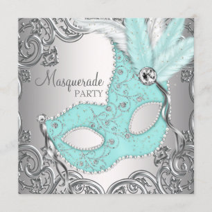 Elegant zilveren turquoise blauwe gemaskerde bal kaart
