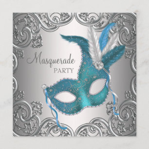 Elegant zilveren turquoise blauwe gemaskerde bal kaart