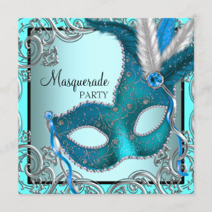 Elegant Zilveren Turquoise Blauwe Maskerade Feest Kaart