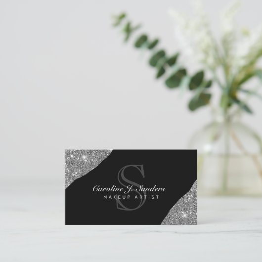Elegant zilveren zwarte monogram make-up kunstenaa visitekaartje (Staand voorkant)