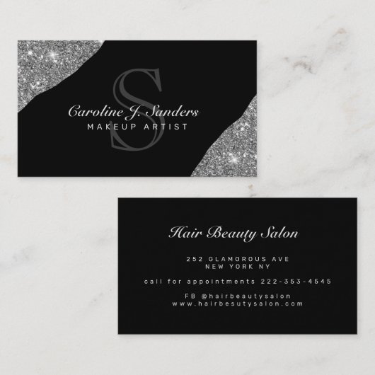 Elegant zilveren zwarte monogram make-up kunstenaa visitekaartje (Voorkant / Achterkant)