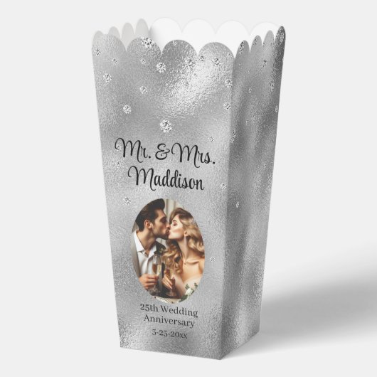 Elegant zilverfolie & 25e Jubileum popcorn Bedankdoosjes (Voorkant)