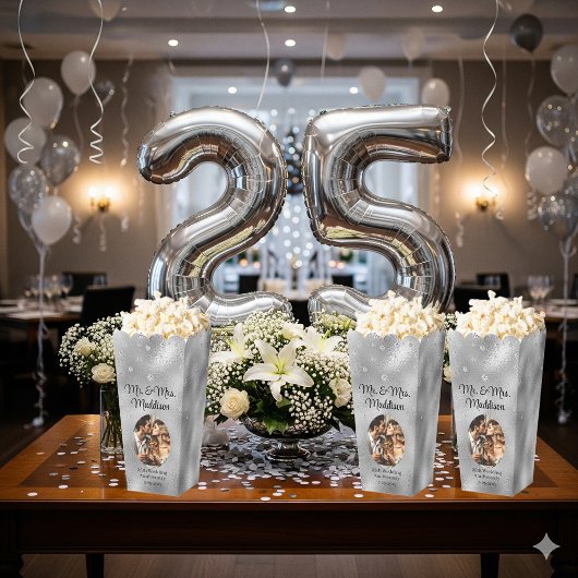 Elegant zilverfolie & 25e Jubileum popcorn Bedankdoosjes