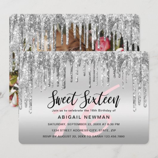 Elegant zilverglitter druppelt zestien zoete sixen kaart (Voorkant / Achterkant)