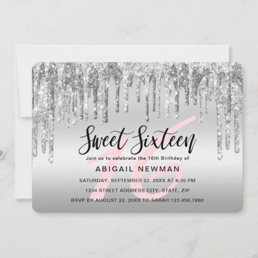 Elegant zilverglitter druppelt zestien zoete sixen kaart (Voorkant)
