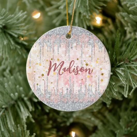 Elegant zilvergoud roos druppelen glitter keramisch ornament (Boom)