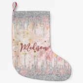 Elegant zilvergoud roos druppelen glitter kleine kerstsok (Voorkant)