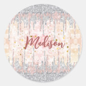 Elegant zilvergoud roos druppelen glitter ronde sticker (Voorkant)