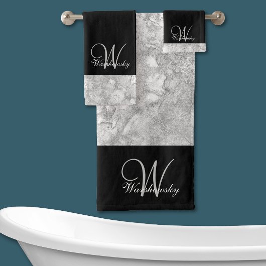 Elegant zilvergrijs en zwart monogram bad handdoek