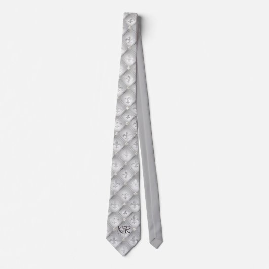 Elegant zilvergrijs Fleur de Lis patroon initialen Stropdas (Voorkant)