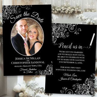 Elegant zilvergrijs & zwart bruiloft foto Fancy Save The Date