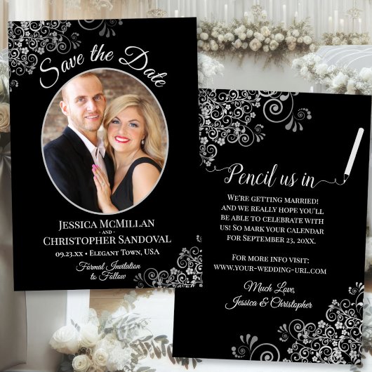Elegant zilvergrijs & zwart bruiloft foto Fancy Save The Date