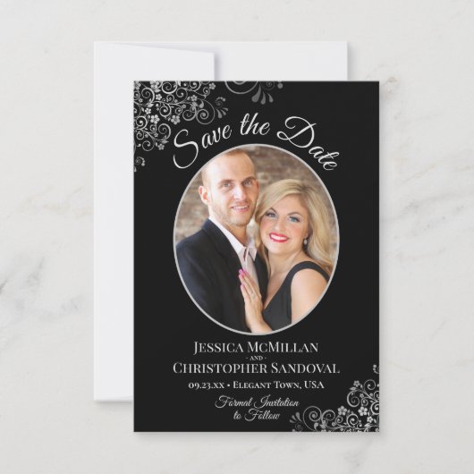 Elegant zilvergrijs & zwart bruiloft foto Fancy Save The Date (Voorkant)