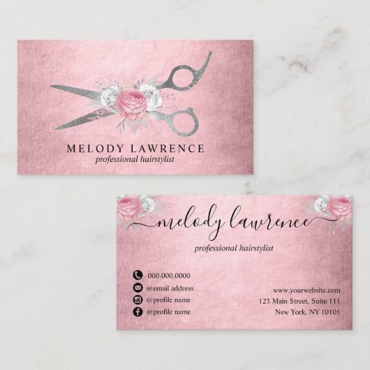 Elegant zilverroze roze roze goudschaar visitekaartje (Voorkant / Achterkant)