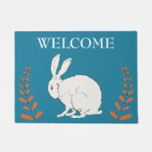 Elegant Zittend Wit Konijn Sinaasappel Planten op Deurmat (Voorkant)