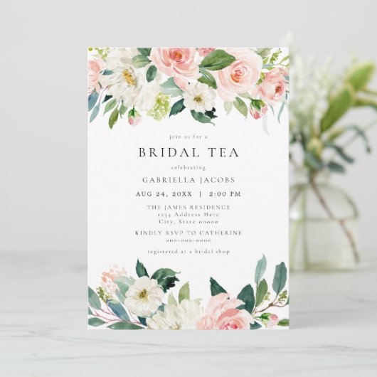 Elegant & Zoet Blush Roze Bloemen Bruids Thee Kaart (Staand voorkant)