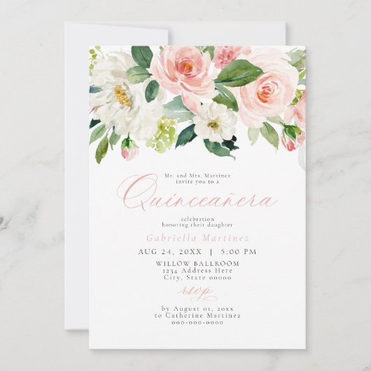 Elegant & Zoet Blush Roze Bloemen Quinceañera Kaart (Voorkant)
