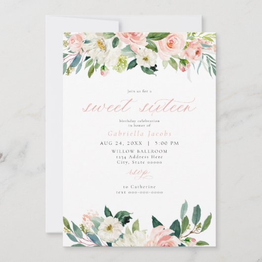 Elegant Zoet Blush Roze Bloemen Zoet 16 Verjaardag Kaart (Voorkant)