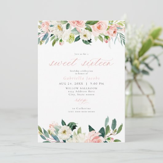 Elegant Zoet Blush Roze Bloemen Zoet 16 Verjaardag Kaart (Staand voorkant)