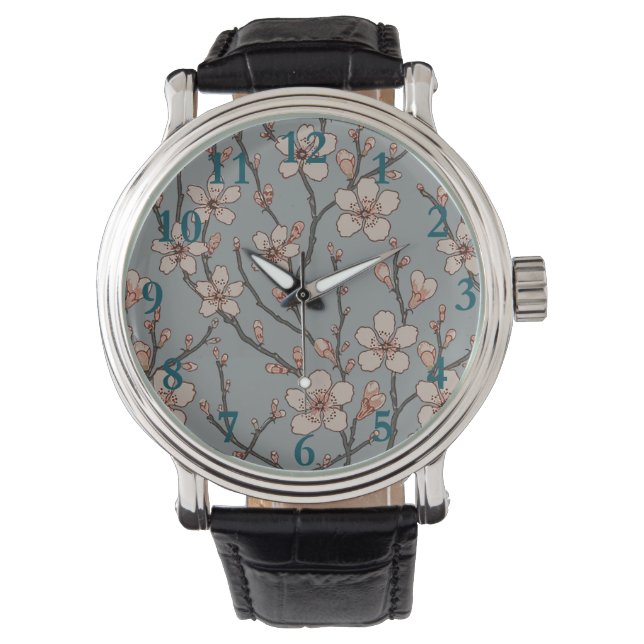 Elegant Zoete Roze Bloesem Kersen Patroon Horloge (Voorkant)