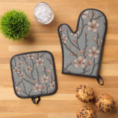Elegant Zoete Roze Bloesem Kersen Patroon Ovenwant & Pannenlap Set (Top down)