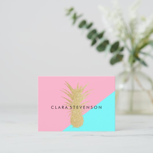 elegant zomergoud glitter pineappelroze munt visitekaartje (Staand voorkant)
