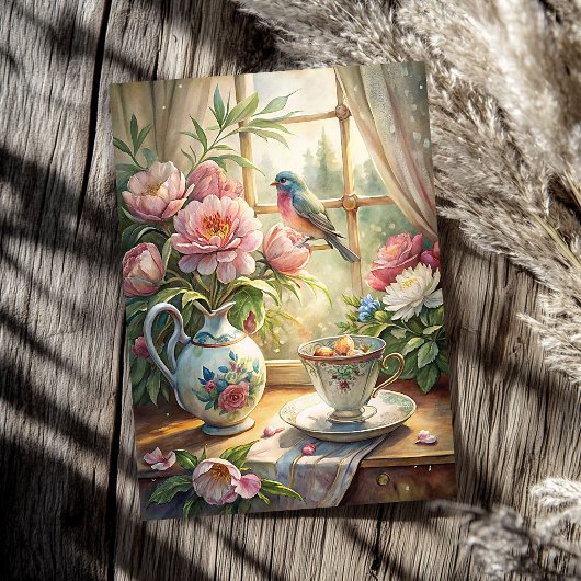 Elegant zomerraam met vogelroze pioenen tissuepapier