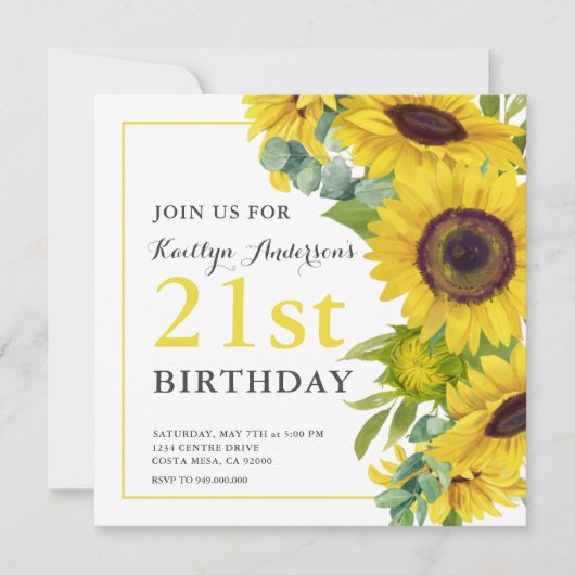 Elegant Zonnebloem 21ste verjaardagsfeest Kaart (Voorkant)