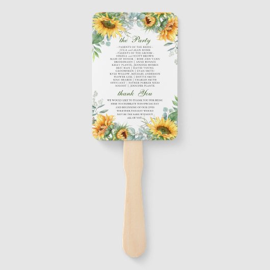 Elegant Zonnebloem Eucalyptus Huwelijksprogramma Handwaaier (Achterkant)